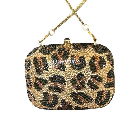 Mini Crystallized Embellished Evening Shoulder Bag Clutch Purse Leopard Gold - Picture 1 of 16